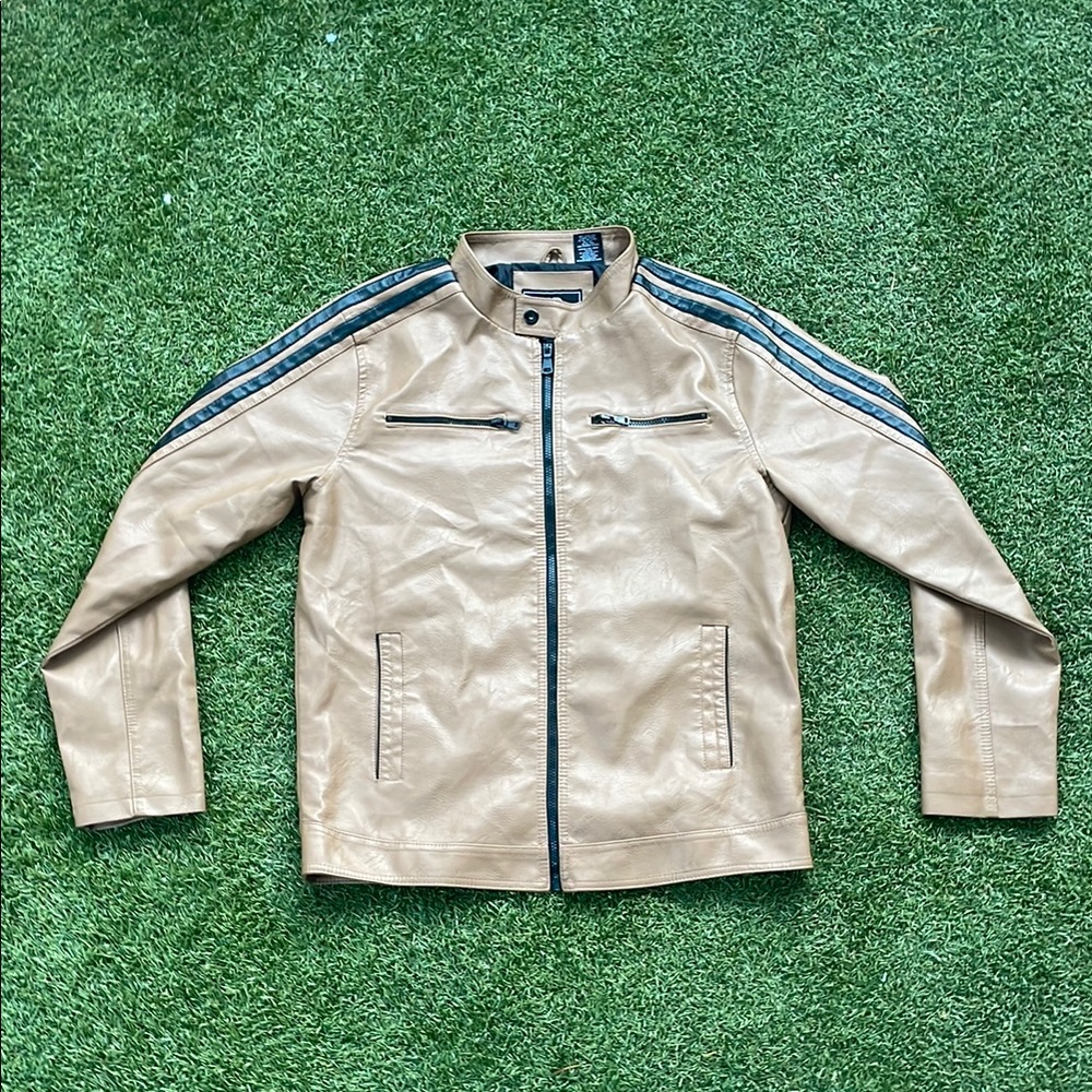 Men's Tan Leather Jacket with Black Accents